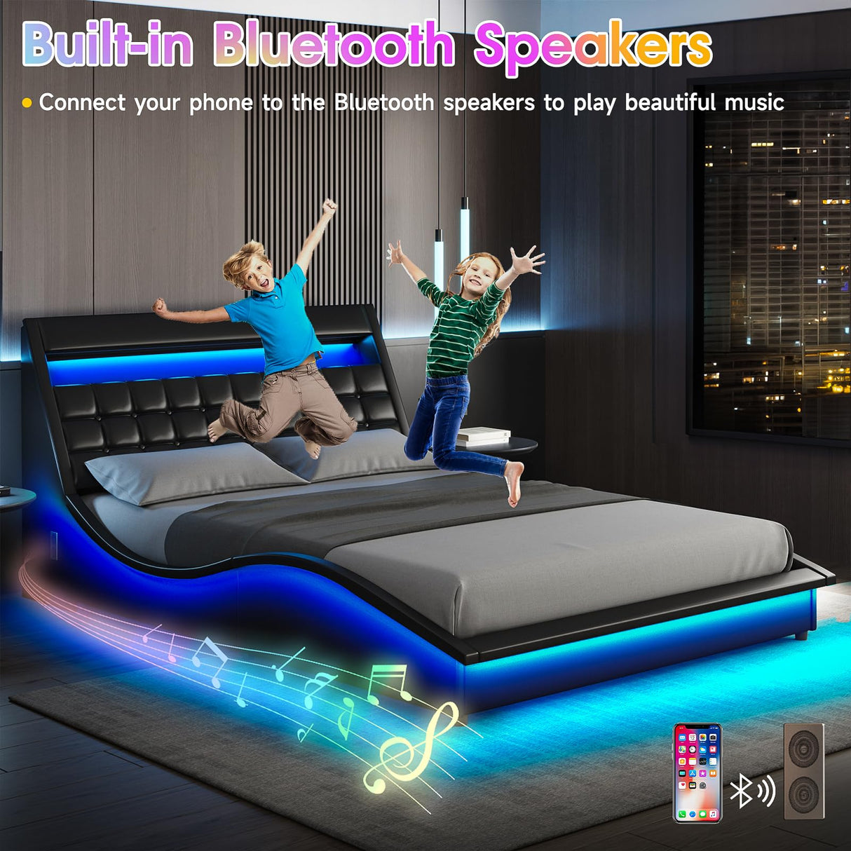 Fameill LED Queen Size Bed Frame with Bluetooth Speaker & Charging Station, PU Leather Upholstered Platform Bed Frame with Modern Wave-Like Curve, Low Profile, Noise Free, No Box Spring Needed, Black Fameill