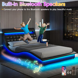Fameill LED Queen Size Bed Frame with Bluetooth Speaker & Charging Station, PU Leather Upholstered Platform Bed Frame with Modern Wave-Like Curve, Low Profile, Noise Free, No Box Spring Needed, Black Fameill