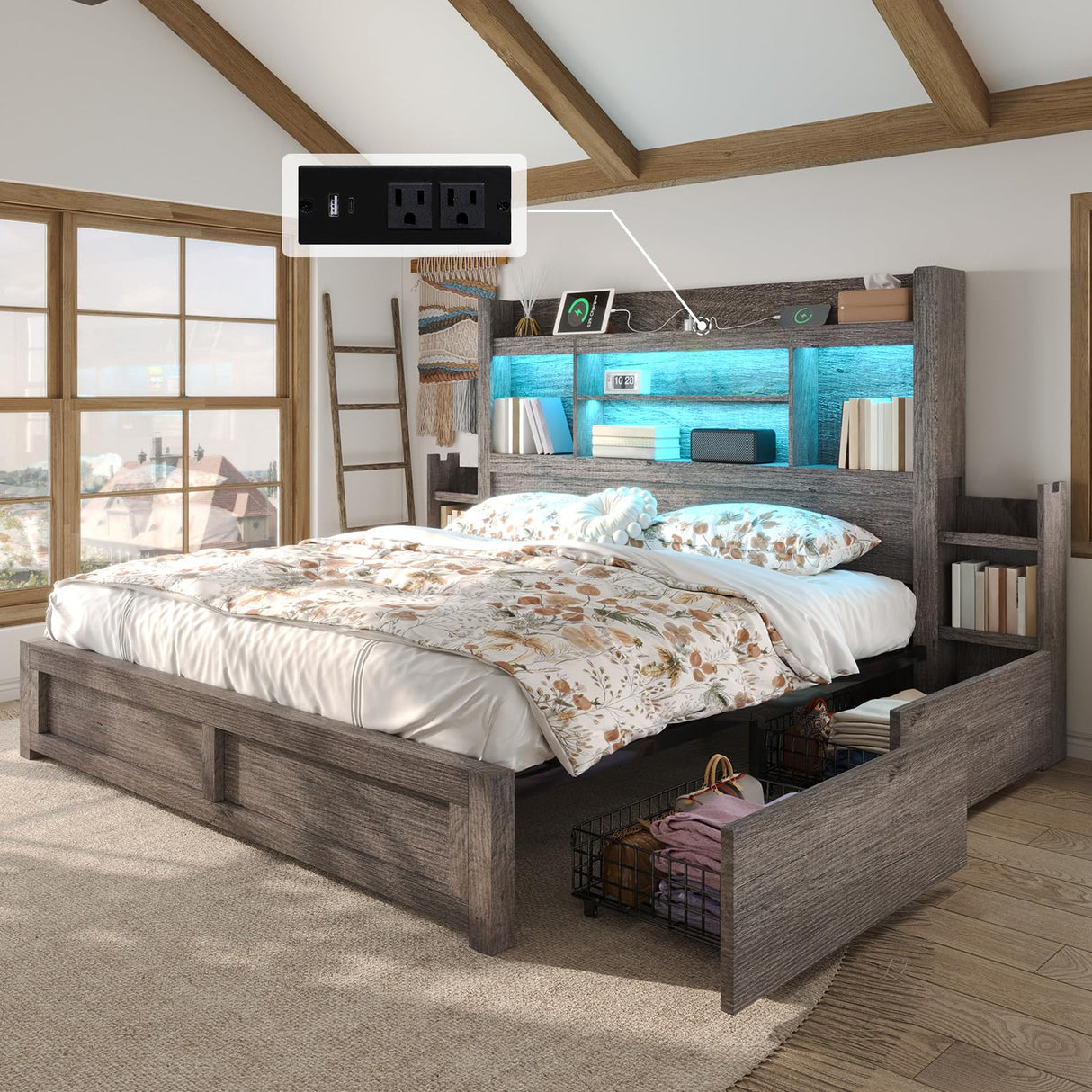 LUXOAK King Bed Frame with 49.6" Bookcase Headboard & 2 Bedside Stoage Racks & 4 Drawers, Farmhouse Wood Bed Frame with RGB LED & Charging Station, No Box Spring Needed, Grey LUXOAK