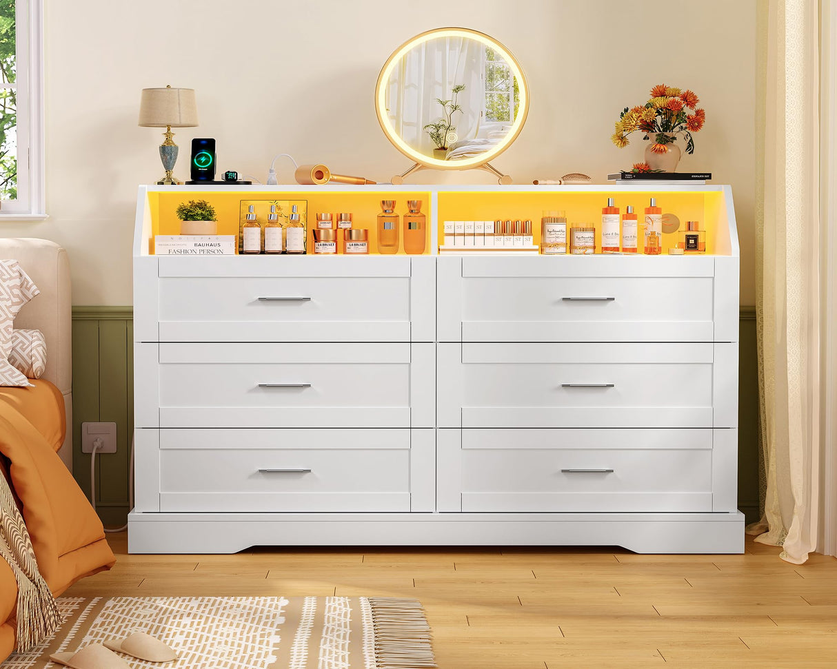 TEENFON 46.5'' Wide White Dresser for Bedroom, 6 Drawer Dresser with Charging Station & LED Lights, Closet Organizer for Bedroom, White TEENFON