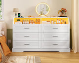 TEENFON 46.5'' Wide White Dresser for Bedroom, 6 Drawer Dresser with Charging Station & LED Lights, Closet Organizer for Bedroom, White TEENFON