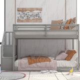 P PURLOVE Twin Over Twin Low Bunk Bed with Storage Stairs in Grey P PURLOVE