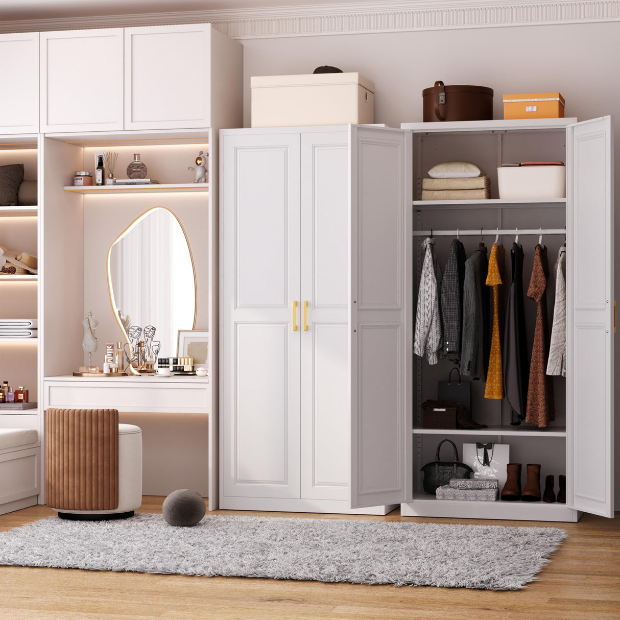 Polup Metal Armoire Wardrobe Closet with Doors and Shelves, 71" Tall Freestanding Wardrobe Cabinet for Hanging Clothes, Large Closet with Hanging Rod for Bedroom, White, Assemble Required Polup