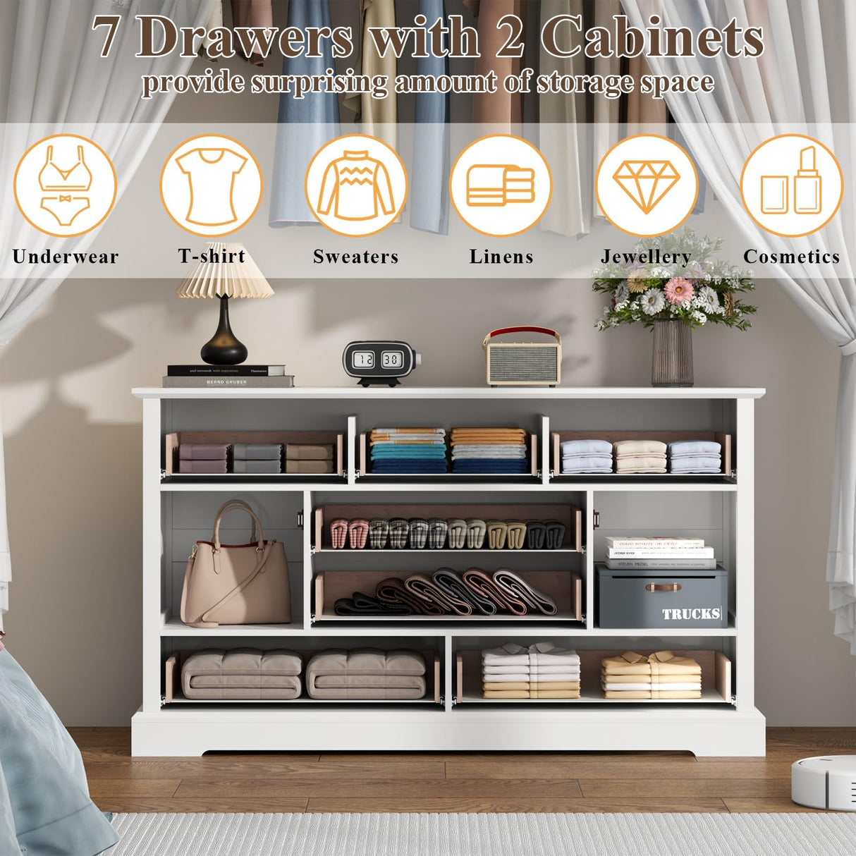 Gyfimoie Farmhouse 7 Drawer Dresser for Bedroom, 52 Inch White Chest of Drawer Dresser with Doors, Storage Dressers Organizer Cabinet for Bedroom, Living Room and Hallway Gyfimoie