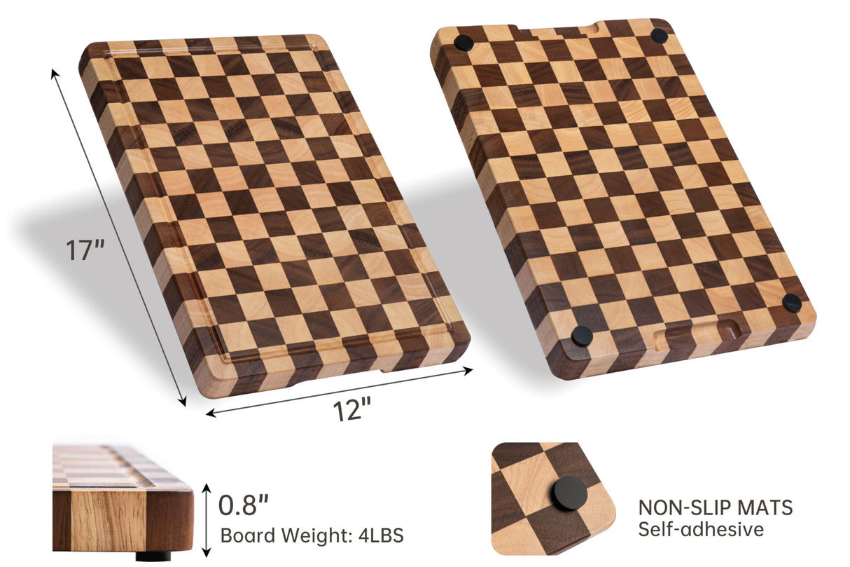 THETCHRY Large Wood Cutting Boards for Kitchen - Design in USA Checkered Cutting Board, Butcher Block Acaia Wood Cutting Board for Kitchen with Juice Grooves & Built in Handles, 17"L x 12"W x 0.8"Th thetchry
