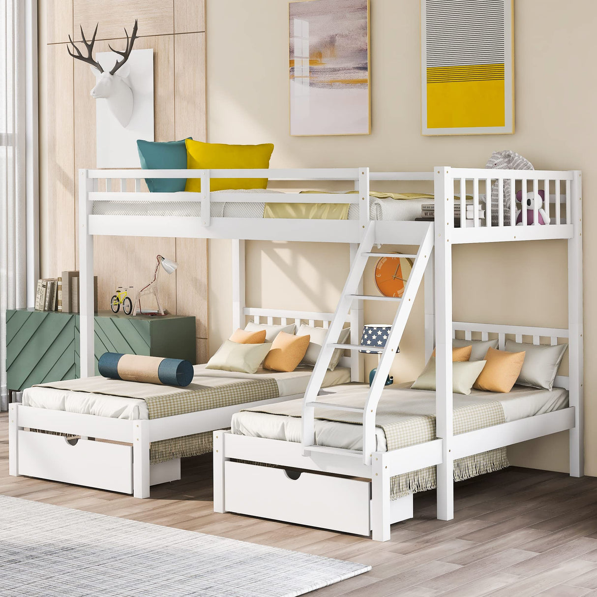 Merax Full Over Twin & Twin Bunk Bed for 3, Wooden Triple Bunk Bed with 2 Storage Drawers, Ladder and Guardrails, No Box Spring Needed, White Merax