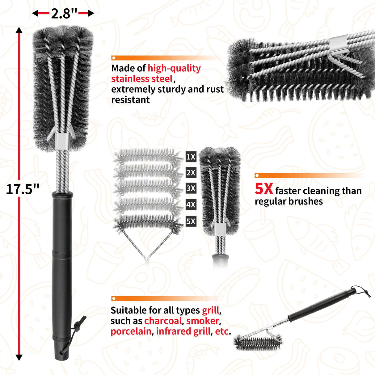 NEXCOVER Grill Brush for Outdoor Grill 18” BBQ Grill Cleaning Brush Stainless Steel Grill Cleaner Barbecue Grilling Accessories for Gas Charbroil Porcelain Grates NEXCOVER