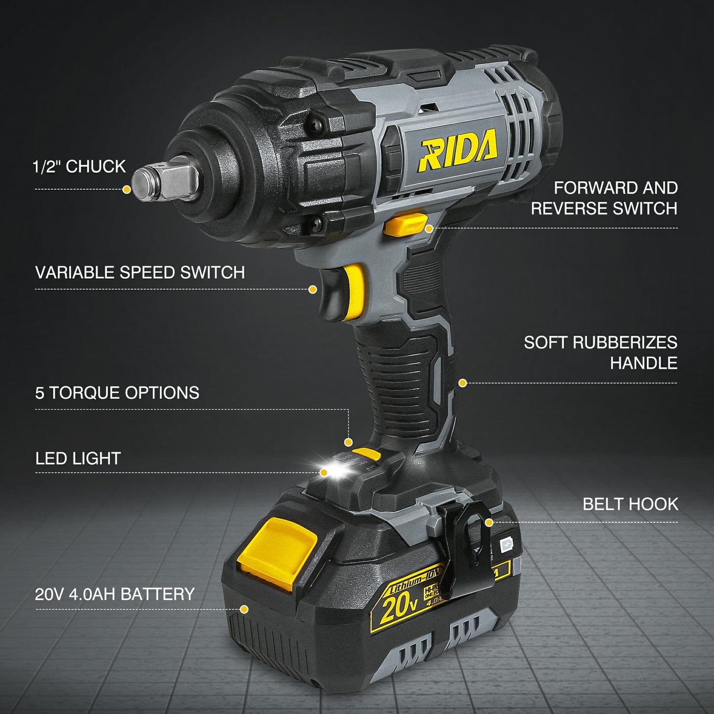 RIDA Cordless Impact Wrench, 1/2 POWER Impact Gun w/ 5 Torque Options Max 300 Ft-lbs (400N.m) Power w/ 4.0Ah Li-ion Battery & 1 Hour Fast Charger, 4 Sockets, Electric Impact Wrench for Car Ho - WoodArtSupply