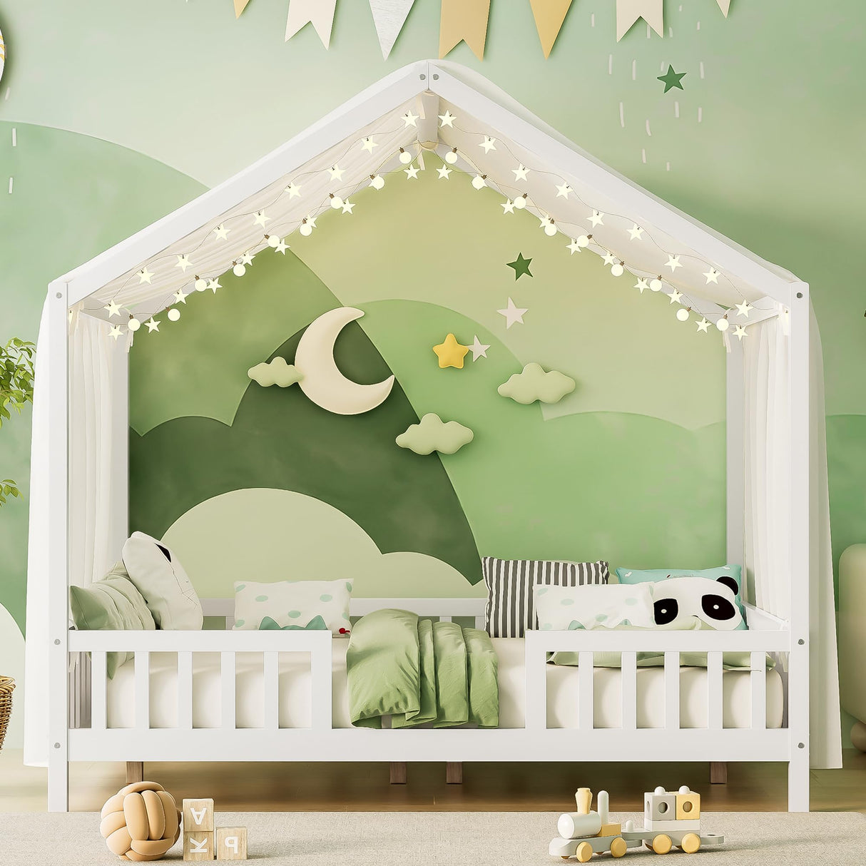 Merax House Shape Full Size Montessori House Bed Wood Floor Bed with Canopy Full Bedframe for Kids No Box Spring Needed White Merax