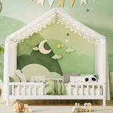 Merax House Shape Full Size Montessori House Bed Wood Floor Bed with Canopy Full Bedframe for Kids No Box Spring Needed White Merax
