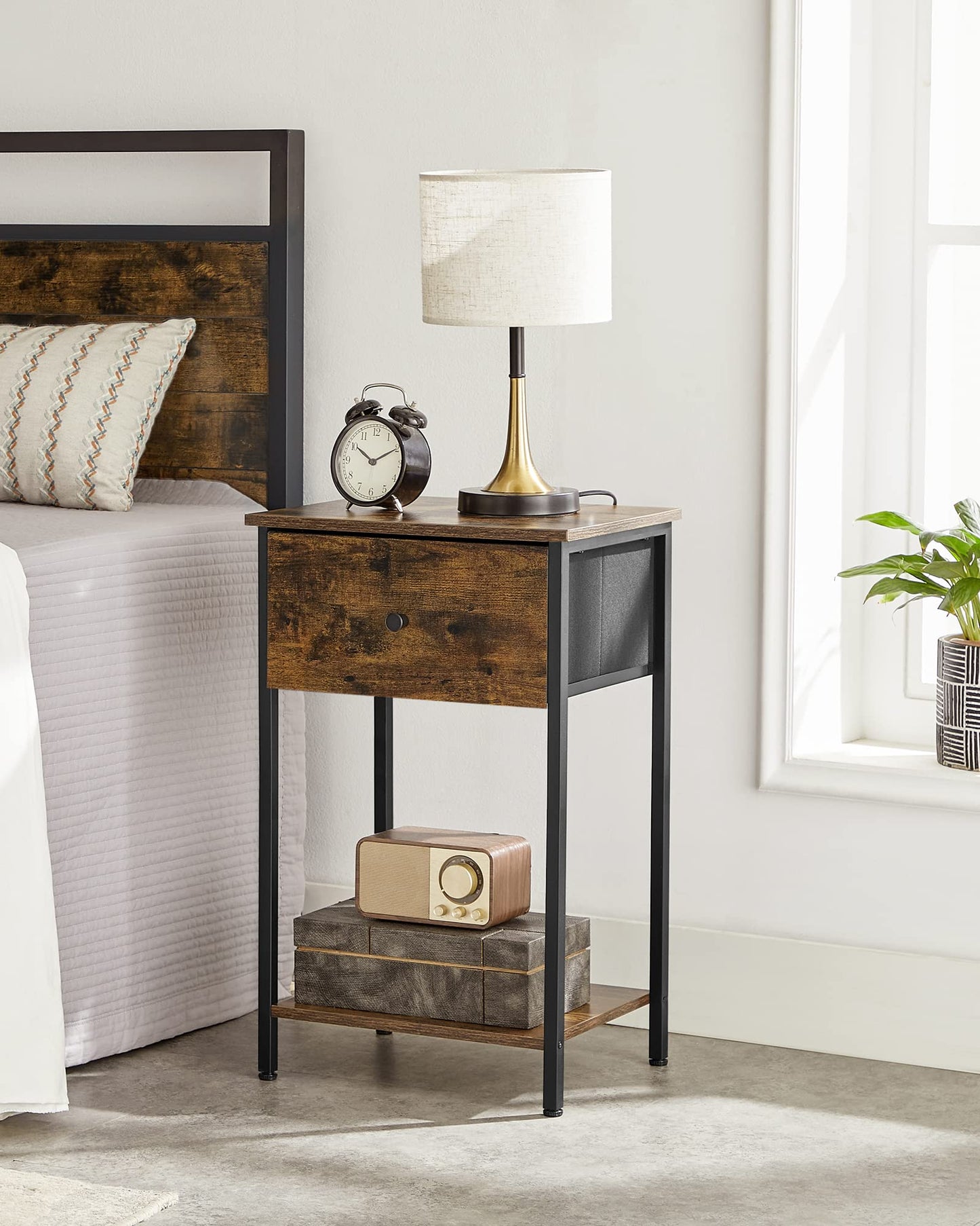 VASAGLE Nightstand, Side Table with Fabric Drawer, 24-Inch Tall End Table with Storage Shelf, Bedroom, Rustic Brown and Black ULGS021B01 - WoodArtSupply