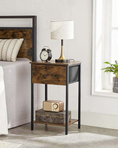 VASAGLE Nightstand, Side Table with Fabric Drawer, 24-Inch Tall End Table with Storage Shelf, Bedroom, Rustic Brown and Black ULGS021B01 - WoodArtSupply