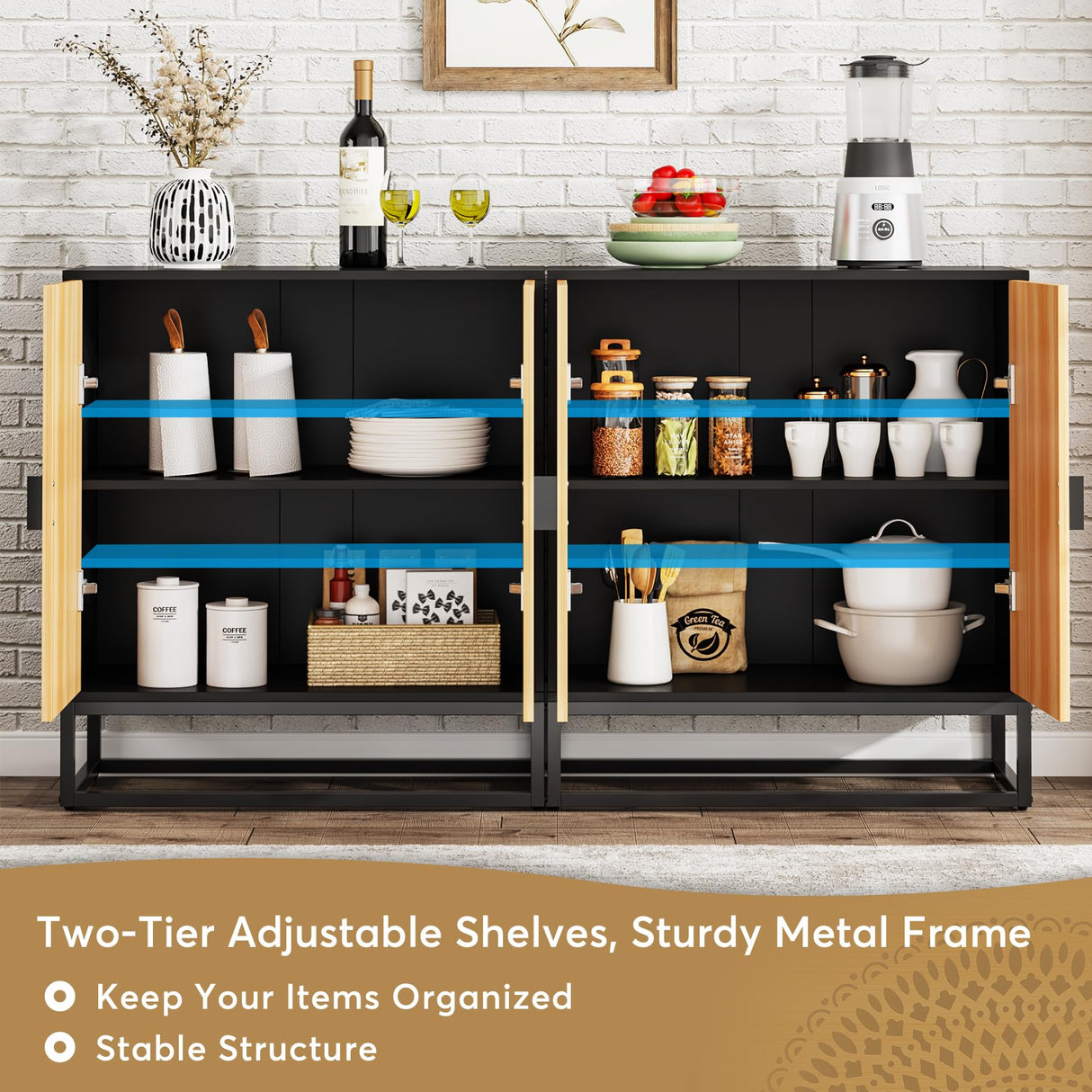 Tribesigns Sideboard Buffet Cabinet, 55 Inch Modern Kitchen Storage Cabinet with 4 Doors & Shelves, Credenzas Accent Console Cabinet for Living Room, Dining Room, Entryway, Black & Brown Tribesigns