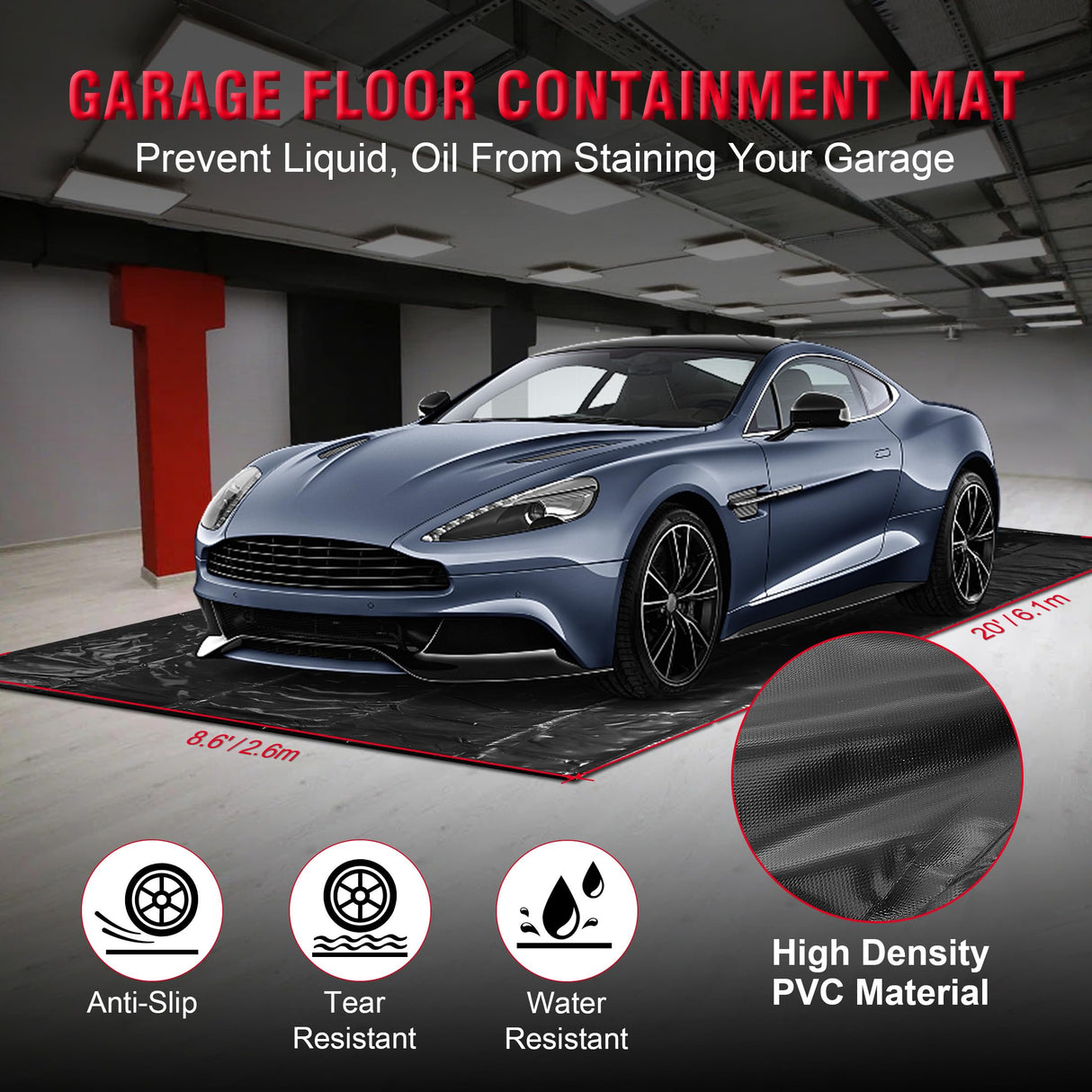 Partol Garage Floor Containment Mat Non-Slip Garage Floor Mat Heavy Duty Waterproof Garage Mat Floor Protection from Sand, Snow, Rain and Mud for Cars (8.6 x 20ft) PARTOL