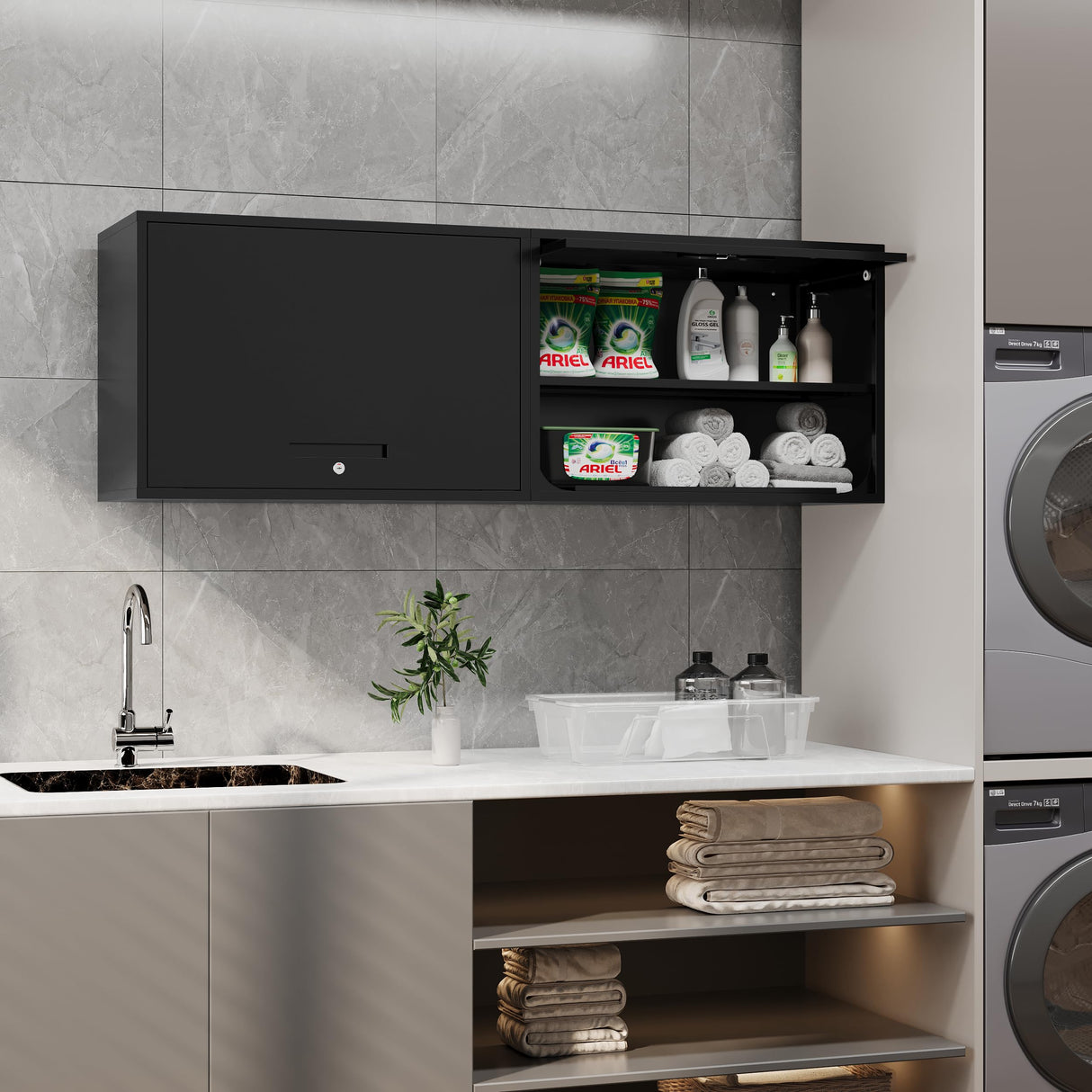 Fesbos Metal Storage Cabinet Black Wall Cabinets with Shelf and Locking Door - Wall Mounted Storage Cabinet for Garage Warehouse Home Office - Assembly Required Fesbos