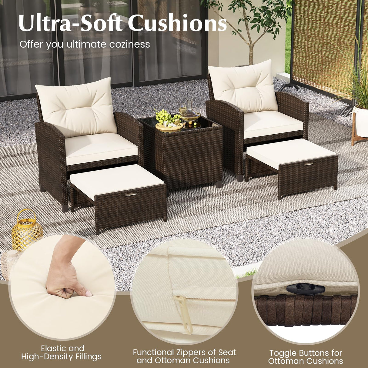 Tangkula 5 Piece Patio Rattan Furniture, Wicker Cushioned Chairs Set w/ 2 Ottomans & Tempered Glass Coffee Table, for Poolside, Backyard, Lawn, Deck (Mix Brown+Off White) Tangkula