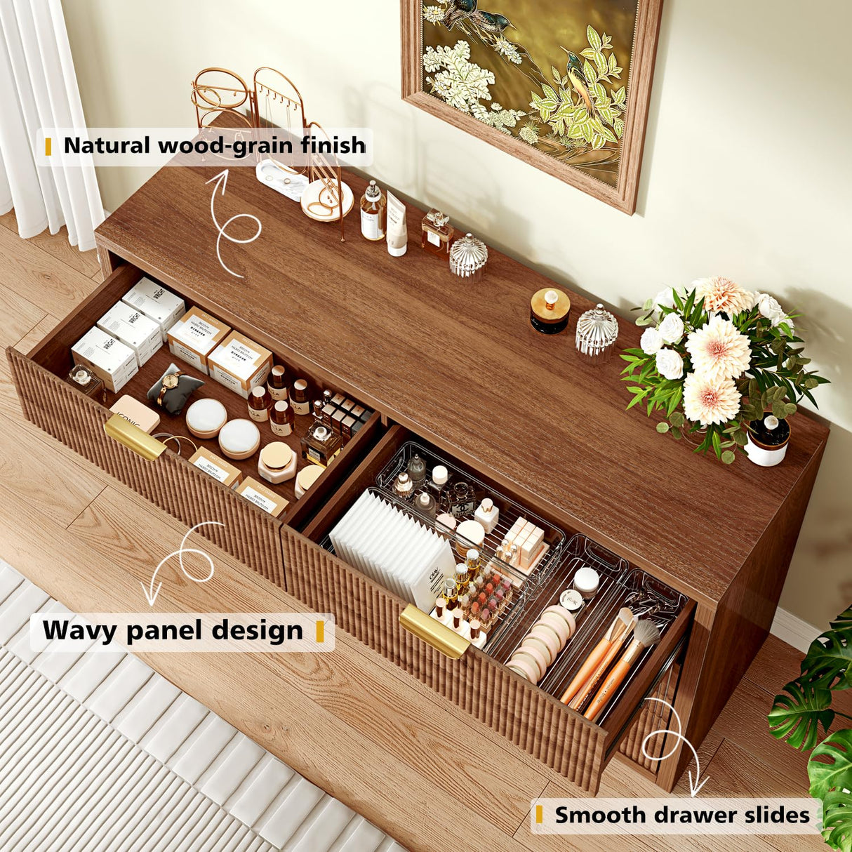 Ieejdn 55.12" Modern Chest of Drawer, 6 Deep Drawers,Clothes Organizer,Large Storage Cabinet for Living Room, Bedroom,Dresser TV Stand, Wood Drawer Organizer for Living Room, Hallway, Walnut Ieejdn
