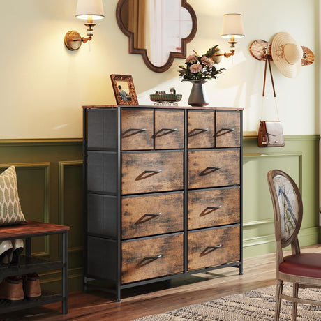 WLIVE Fabric Dresser for Bedroom, Storage Drawer Unit,Dresser with 10 Deep Drawers for Office, College Dorm, Black and Rustic Brown WLIVE