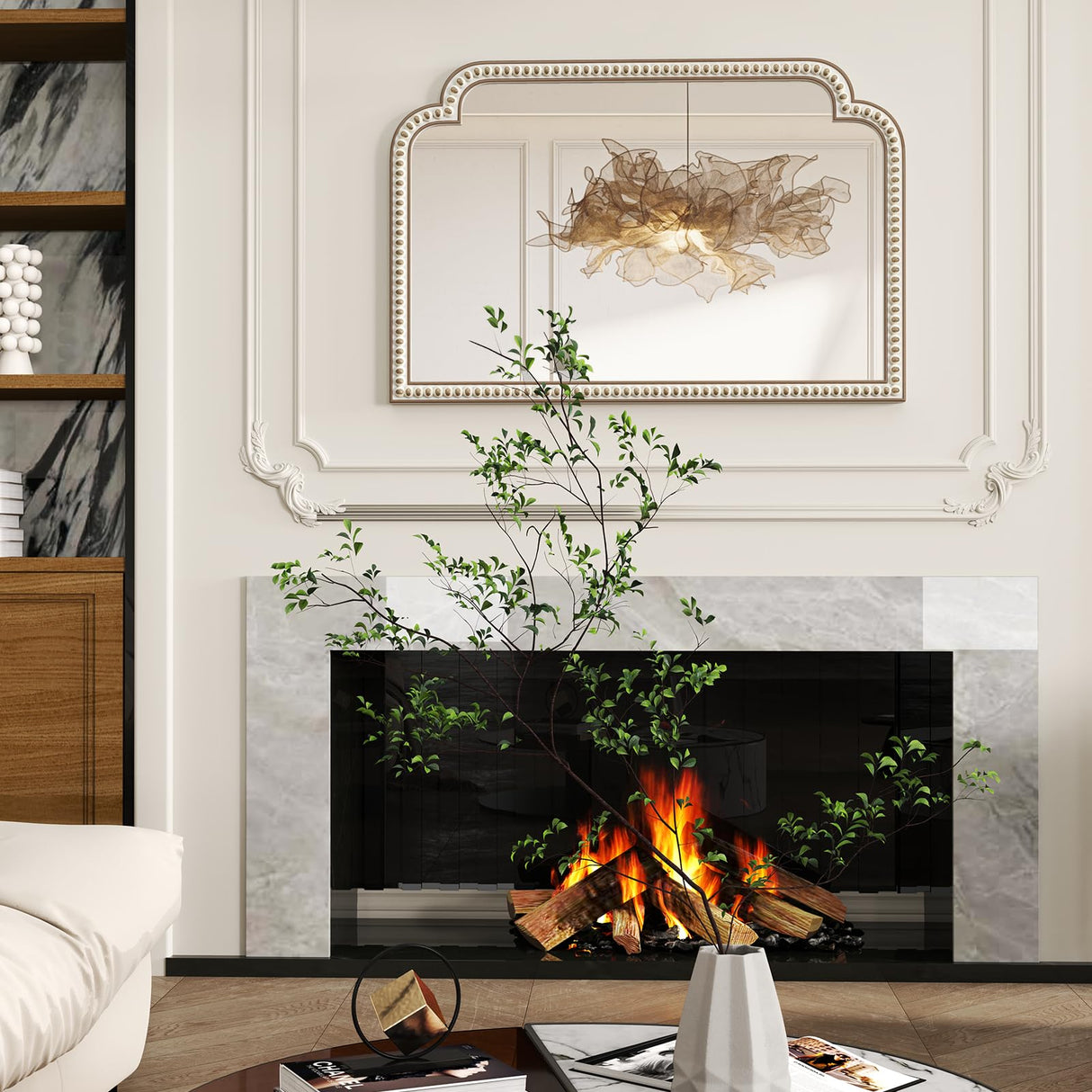 36''x24'' Farmhouse Wood Decorative Wall Mirrors with Beads, Boho Large Wide Arch Mirror for Living Room, Bedroom, Entryway, Fireplace HOITUZYUS