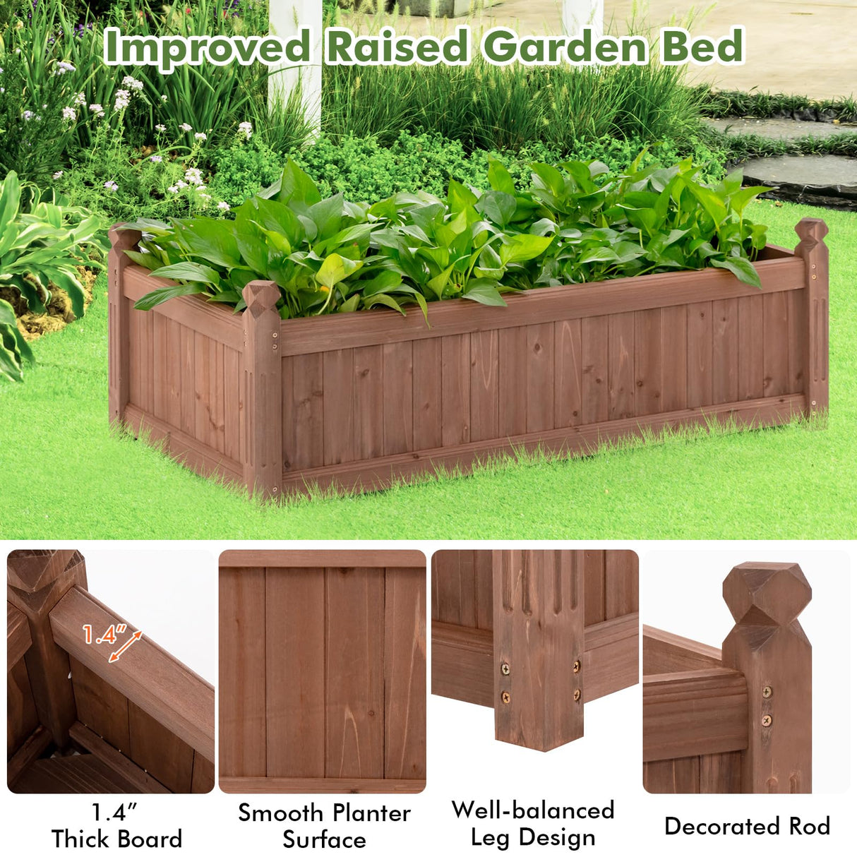 HAPPYGRILL Wood Raised Garden Bed, 46” x 24” x 16” Rectangular Planter Container w/Drainage Holes for Growing Vegetables, Flowers, Herbs, Outdoor Planter Box Flower Box for Backyard Garden Lawn HAPPYGRILL