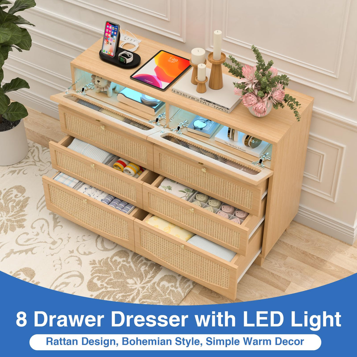 Yeyawomy Rattan Dresser for Bedroom with 8 Drawers, Wood Dresser with Charging Station & LED Lights, Boho Dressers & Chests of Drawers for Bedroom Yeyawomy
