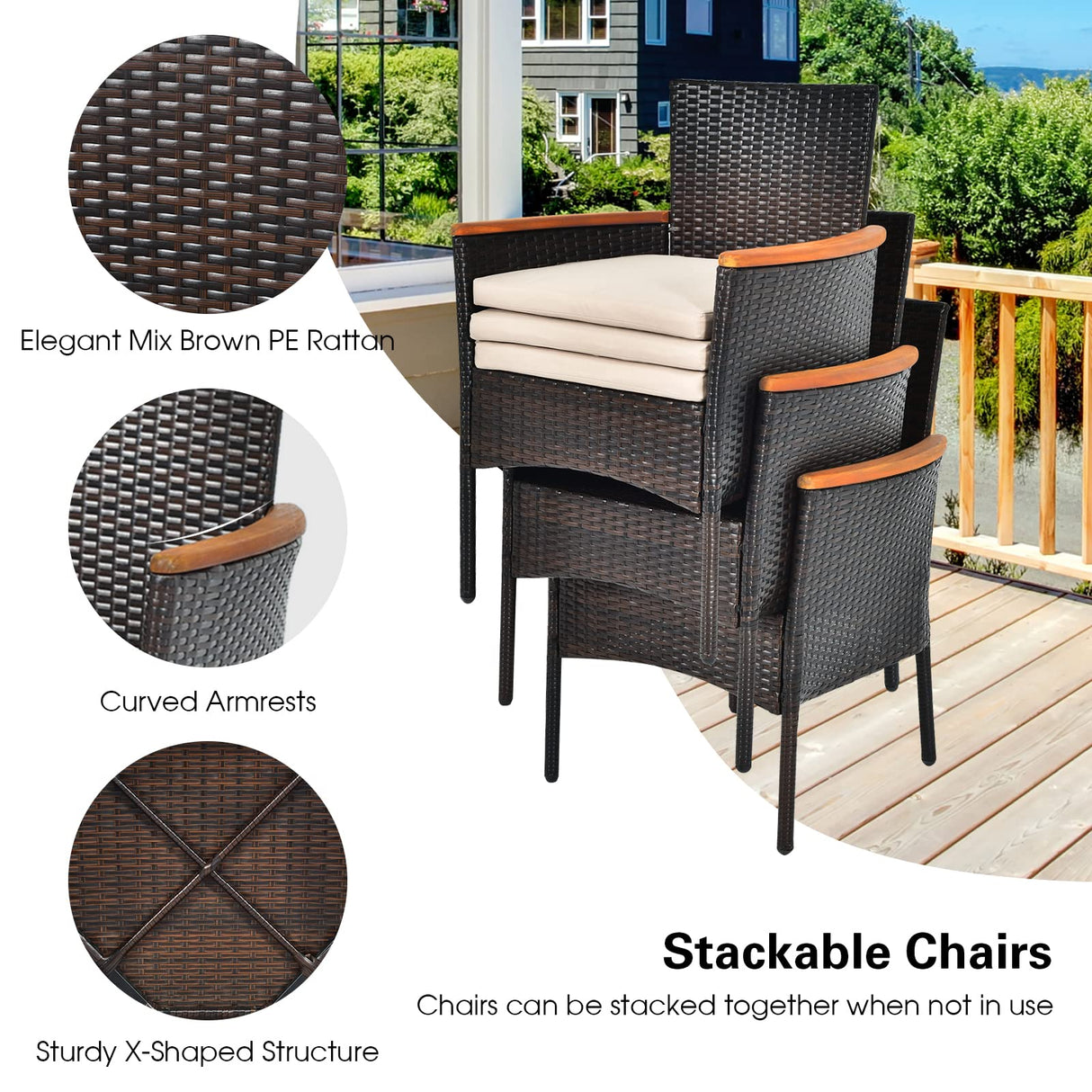 Toolsempire 7 Pieces Patio Dining Set Outdoor Dining Set with Umbrella Hole, Wicker Patio Furniture Set with Acacia Wood Table and Chairs, Garden Dining Table Set for Backyard, Desk, Poolside (Brown) Toolsempire