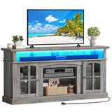 YITAHOME LED Farmhouse TV Stand for 75 Inch w/Outlets, Modern Entertainment Center with Glass Doors and Adjustable Storage Shelves, Media Console TV Cabinet for for Living Room, Grey YITAHOME