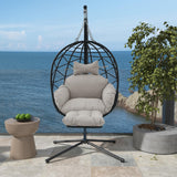 Jadoxy Hanging Egg Chair with Leg Rest, Indoor/Outdoor Swing Egg Chair Hammock Basket Seat Chair with Cushion for Porch Balcony Garden Patio (Ribbon+Rattan, Black+Grey White) Jadoxy