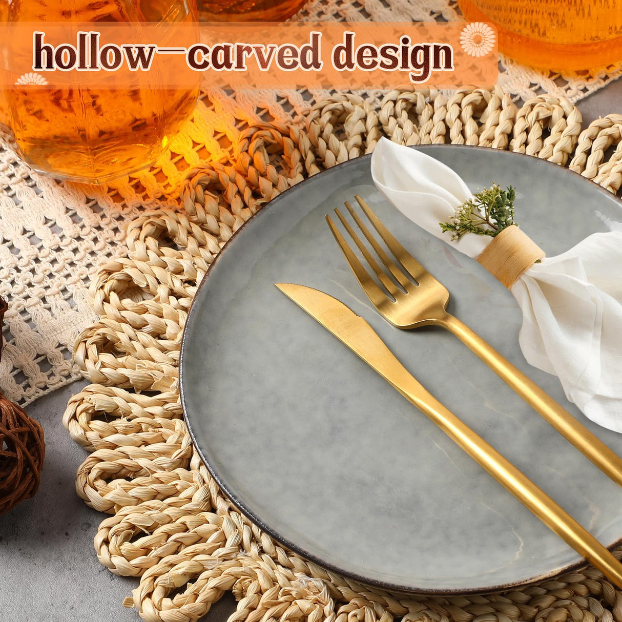 Zopeal 16 Pieces 11 Inches Woven Round Placemats Rattan Chargers Wicker Boho Placemats Natural Braided Table Mats Corn Husk Place Mats Wicker Charger Plates for Wedding(Solid) Zopeal