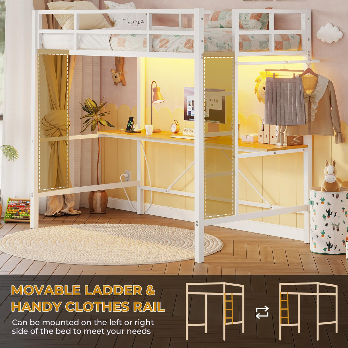 DICTAC Twin Loft Bed with Desk and Charging Station Twin Size Metal Bed Frame with LED Lights Metal Platform Bed,Top Bunk with Safety Guardrail and Stair, Space-Saving,No Box Spring Needed, White DICTAC