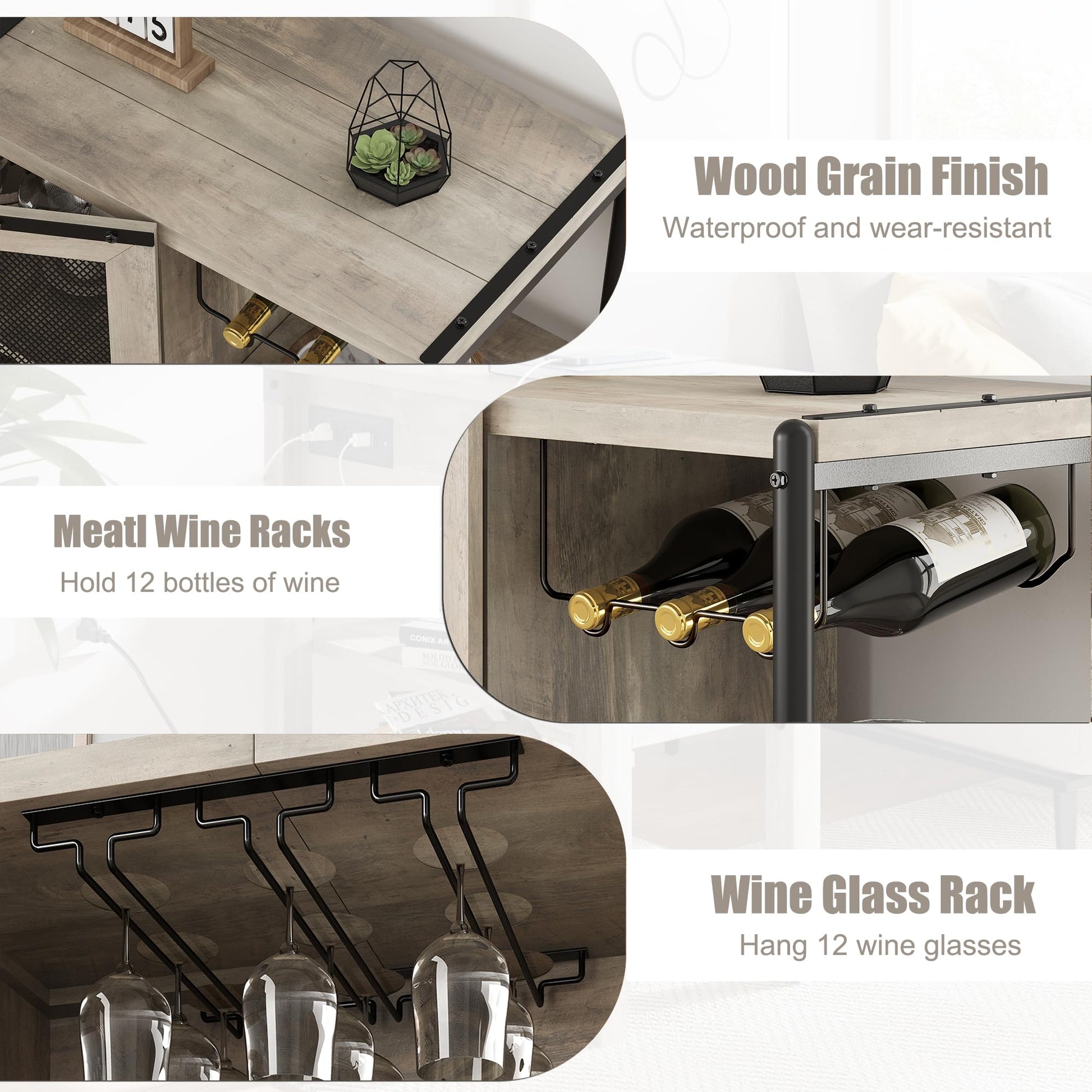 GAOMON Wine Bar Cabinet, Liquor Cabinet for Liquor and Glasses, Industrial Bars & Wine Cabinets with Storage and Wine Rack, Home Bar Furniture for Dining Room, Living Room, Kitchen (Grey) - WoodArtSupply