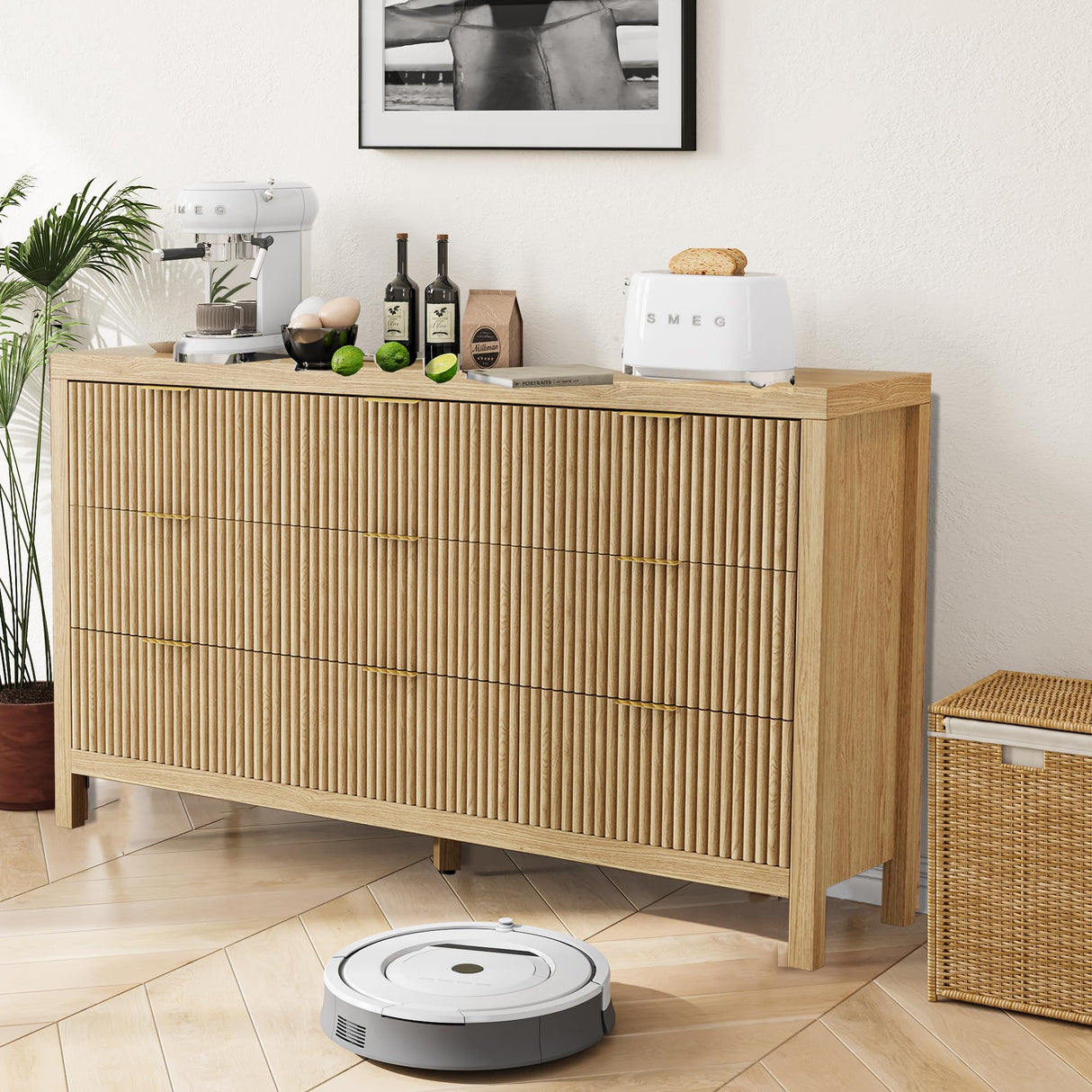 JZXSHD 9 Drawers, Modern Large Chest Mid Century Modern Dresser TV Stand, Storage Organizer Dresser with Solid Natural Wood Legs for Bedroom, Living Room, Hallway, Natural Oak JZXSHD