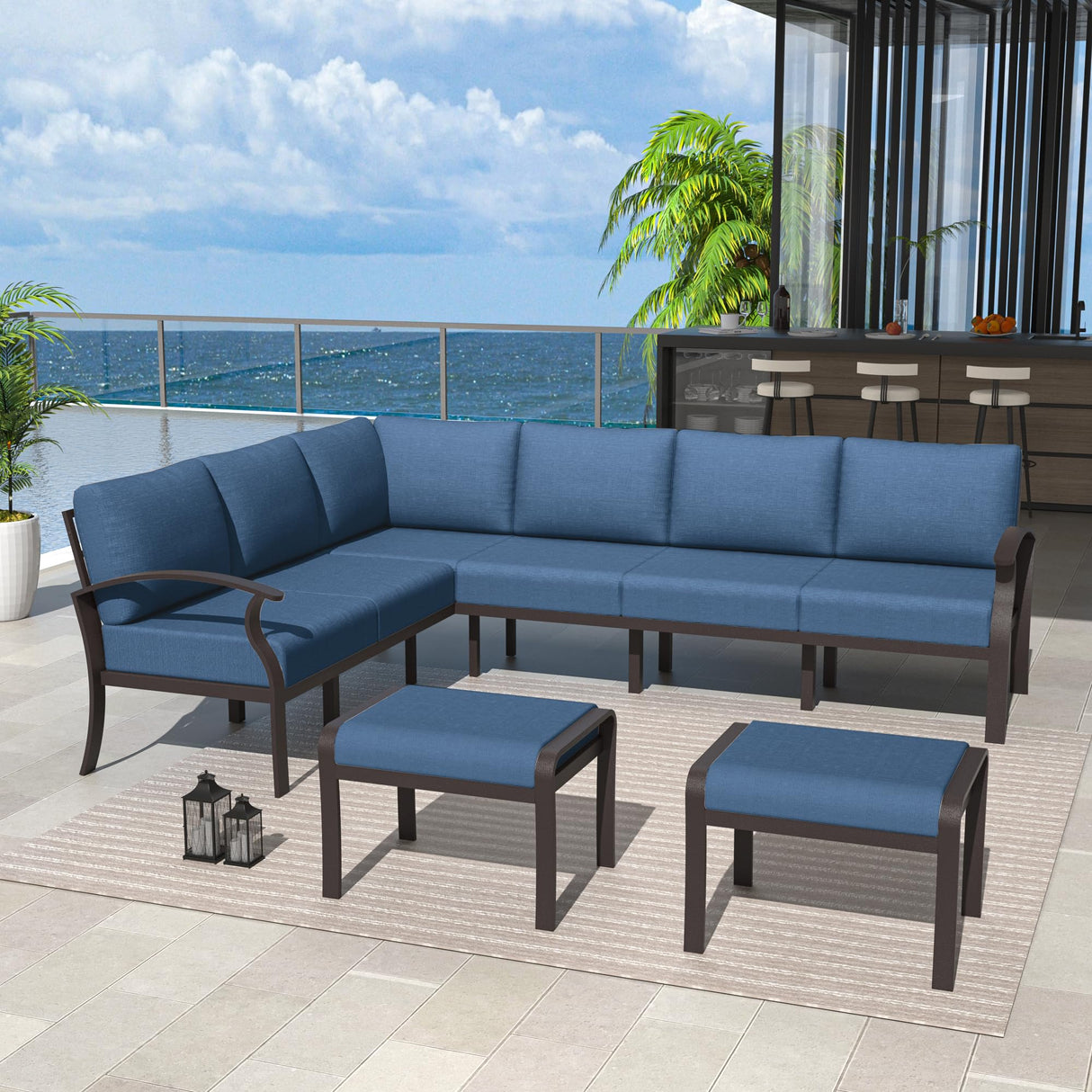 Kurapika Patio Furniture Set 8-Piece Aluminum Sectional Sofa with Armrest, Modern Outdoor Conversation Set, Metal Corner Sofa with Ottoman, Navy Blue Kurapika