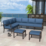 Kurapika Patio Furniture Set 8-Piece Aluminum Sectional Sofa with Armrest, Modern Outdoor Conversation Set, Metal Corner Sofa with Ottoman, Navy Blue Kurapika