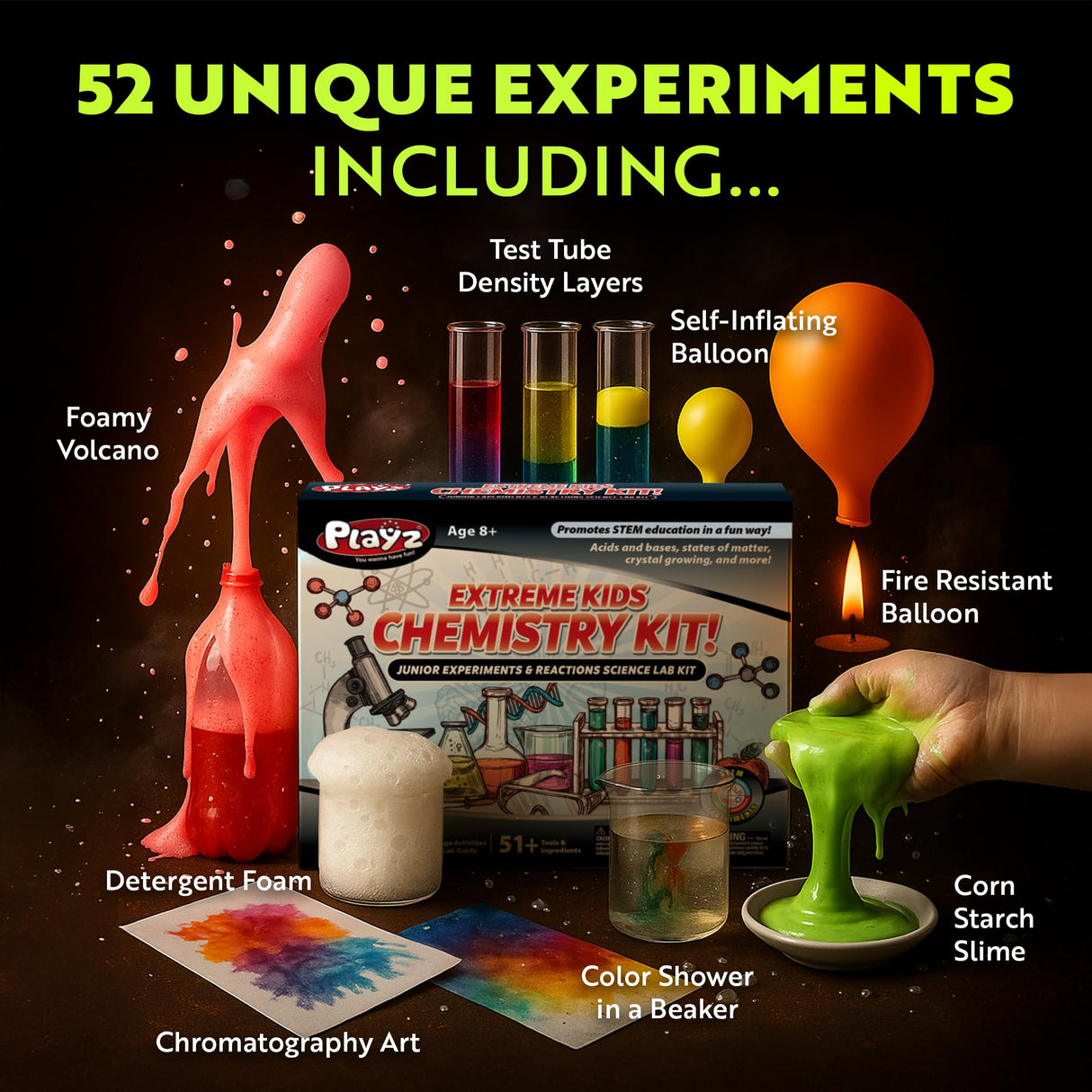 Playz Extreme Chemistry Set – 52 Unique Experiments, Science Kits for Kids Age 8-12, Lab Gear, Volcano Project, Learning Tools, Fair Activity, Discovery Gift, STEM Toys for Boys and Girls Playz
