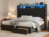 CIKUNASI Upholstered King Size Bed with Headboard and Storage, 60" Tall with 2 Drawers, Tufted Wingback Bed LED Light, Charging Station, No Box Spring Needed CIKUNASI