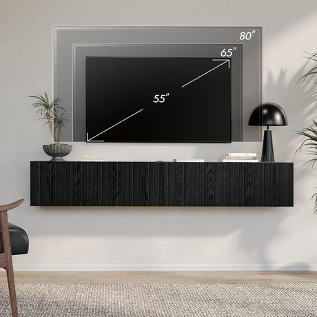 WAMPAT Floating TV Stand, Wall Mounted Shelf, Modern Floating Entertainment Center with 3 Fluted Flip-Down Doors, 70" Large Storage Media Console Wall Unit for Living Room,Bedroom, Black WAMPAT