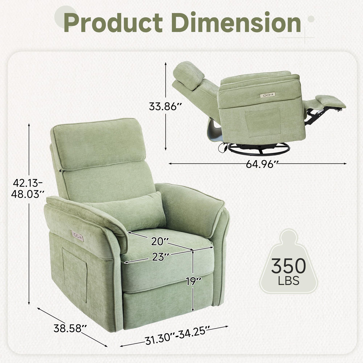 MELLCOM Power Recliner Rocking Chair Nursery Gliders with Adjustable Armrests and Headrest, Swivel Electric Glider Reclining Nursing Chair with USB Port and Storage Bags, FSC Certified(Fabric, Green) MELLCOM