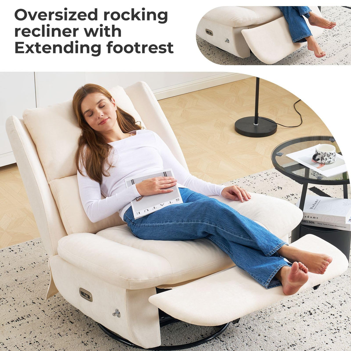 Oversized Power Recliner Chair for Adults,270°Swivel Rocker Recliner with USB Port,Electric Glider Recliner Chair with Storage,Nursery Rocking Chair with Phone Holder,Beige Rhevoy