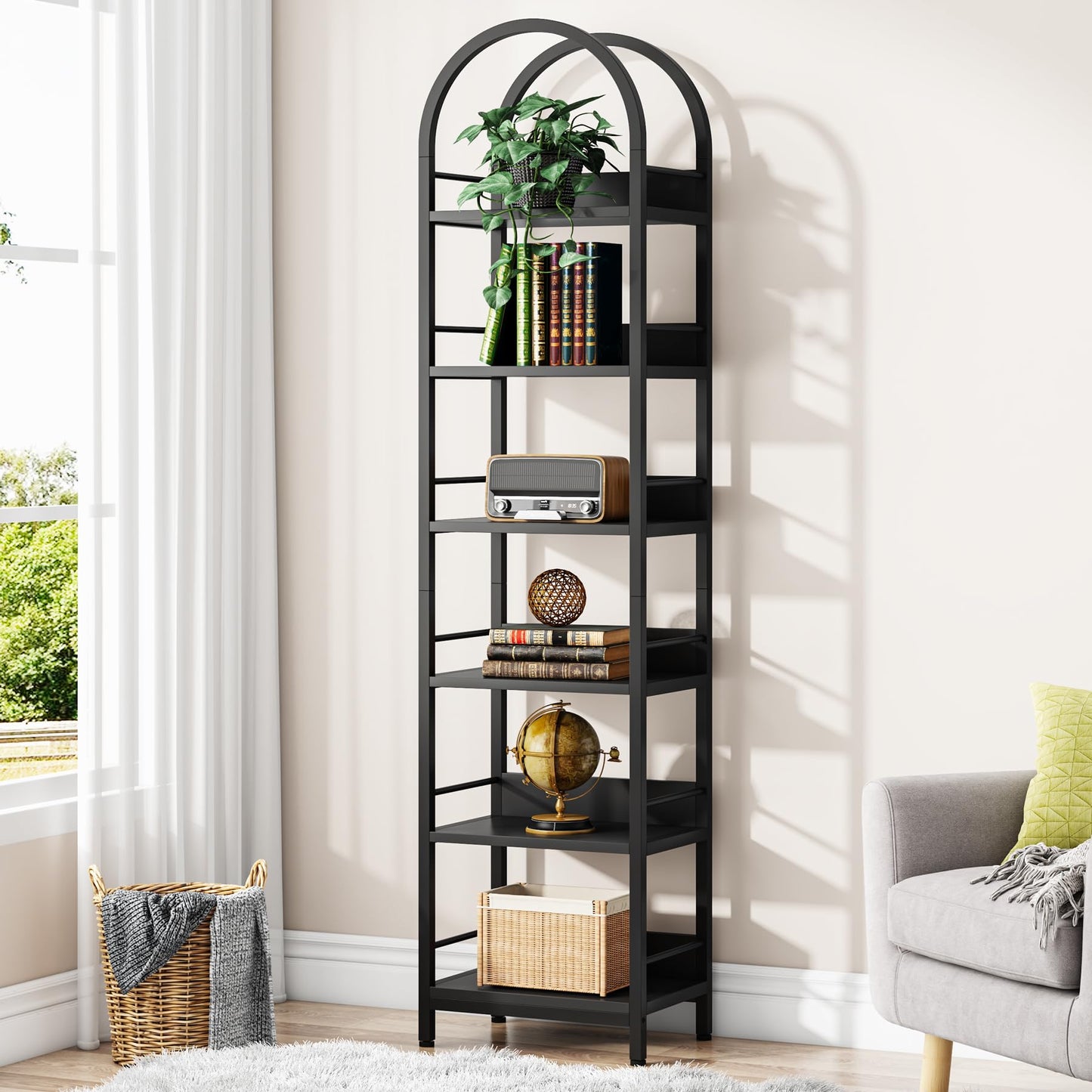 Tribesigns 78.7" Arched Industrial Wood 6-Tier Bookshelf with Metal Frame - Black Storage Organizer - WoodArtSupply