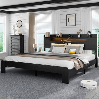 QNICE Wooden King Size Bed Frame with Storage Headboard & Charging Station, Farmhouse Platform Bedframe with LED Lights & Metal Slats Support, Easy Assembly (Rustic Black)