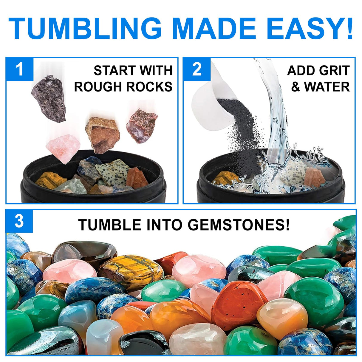 Rock Tumbler Grit and Ceramic Tumbling Media 2 Pounds, Polish Up to 13 lbs. of Rocks, Polish Refill Media Kit, Compatible with Any Tumbler (4 Step + Tumbling Media) eyaeyao