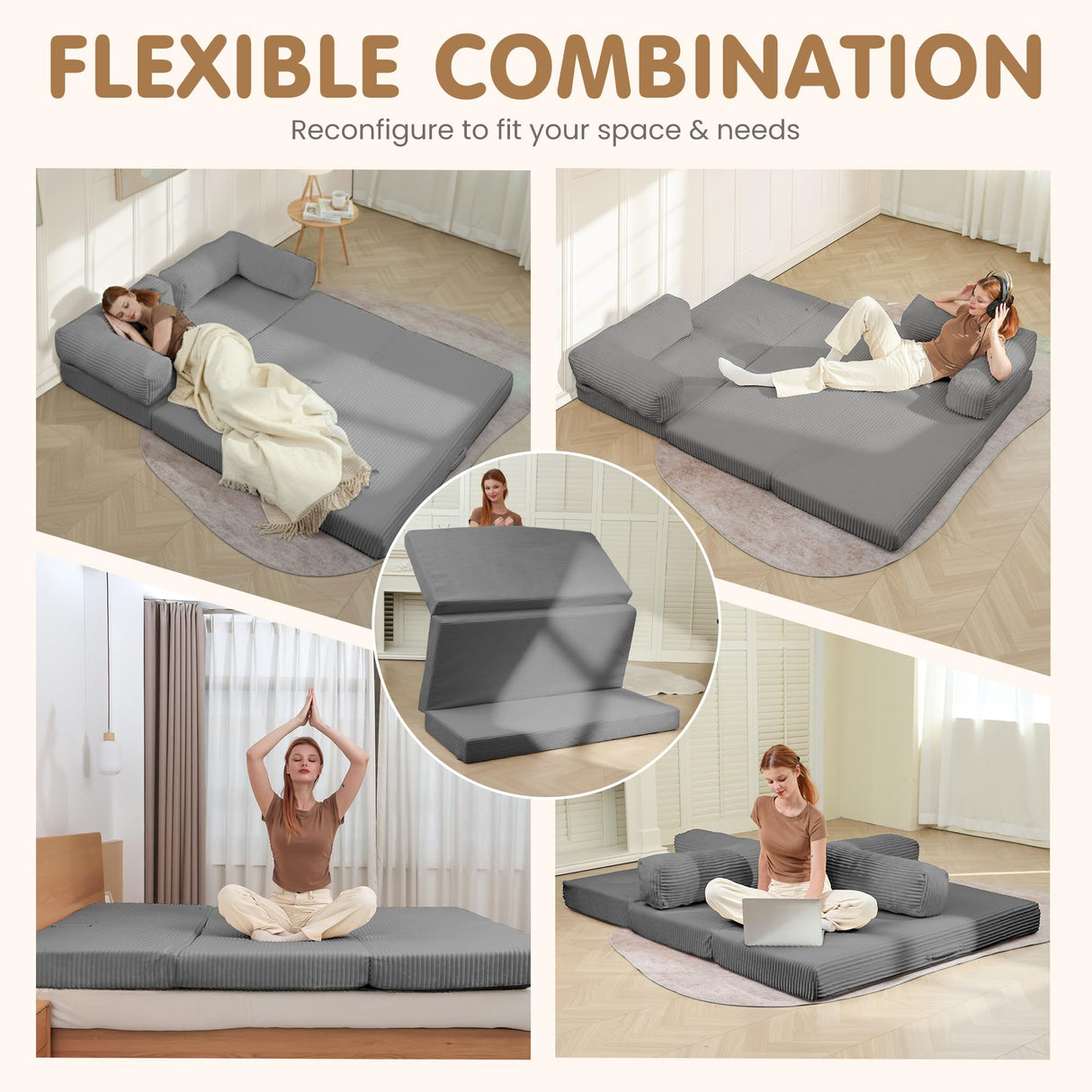 NLDD Convertible Sofa Bed Queen,5-in-1 Folding Boneless Couch Corduroy Futon Sofa Bed,Tri-Fold Mattress with Removable Armrests & Handle,Sleeper with Pull Out Bed for Small Space Living Room Bedroom NLDD