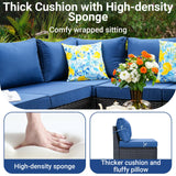 Jing's Villa 5-Piece Patio Furniture Set, All-Weather Outdoor Wicker Sectional Sofa with Cushions, Tempered Glass Table & Ottoman,Rattan Conversation Seating for Porch, Garden, Backyard,Navy Jing's Villa