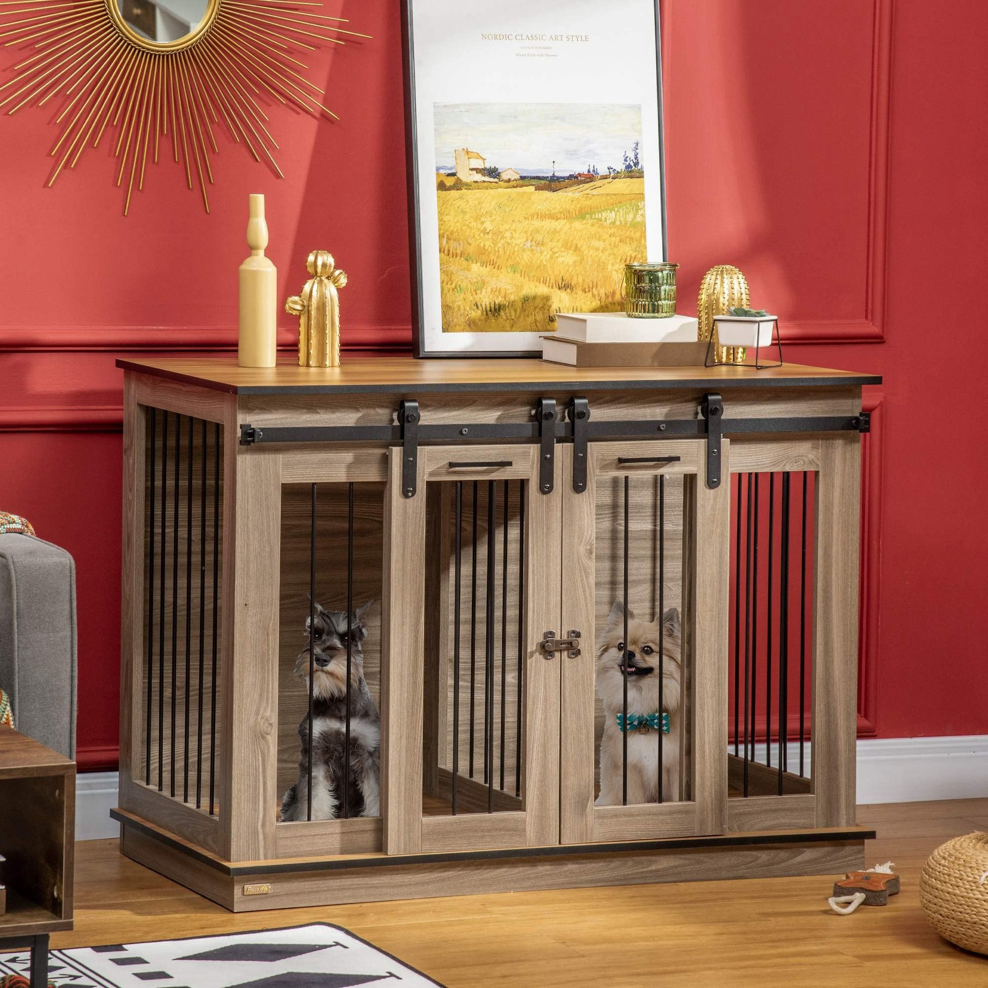 PawHut Dog Crate Furniture with Divider, Dog Crate End Table for Small to Large Dogs, Large Indoor Dog Kennel with Double Doors, 47" W x 23.5" D x 35" H, Oak - WoodArtSupply