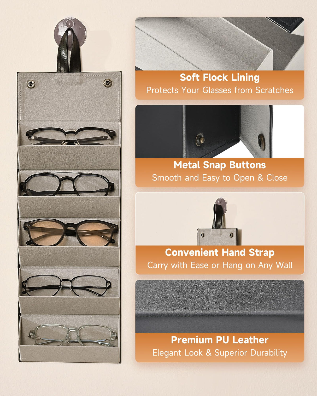 CO-Z Travel Sunglasses Organizer, Foldable Travel Sunglass Case with 5 Slots for Multiple Pairs, Portable Eyeglasses Holder Glasses Storage Box for Women Men Home Display Travel, Black & Gray CO-Z