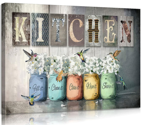 Framed Vintage Kitchen Canvas Wall Art Rustic Farmhouse Kitchen Picture Vibrant Mason Jar Floral Poster Print With Hummingbird And Motivational Phrase for Kitchen Dining Room Home Decor 16x12in LWJARTFY