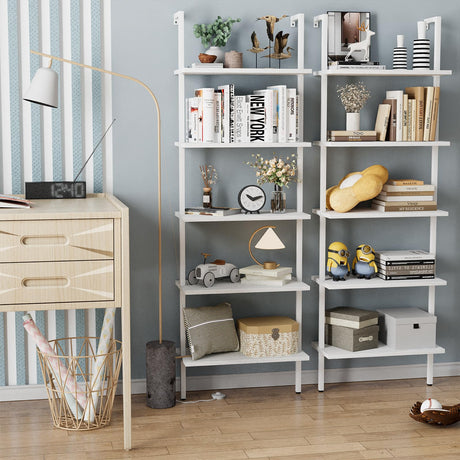 Aboxoo 5-Tier White Ladder Shelf - Industrial Wood Rack for Books, Plants & More aboxoo