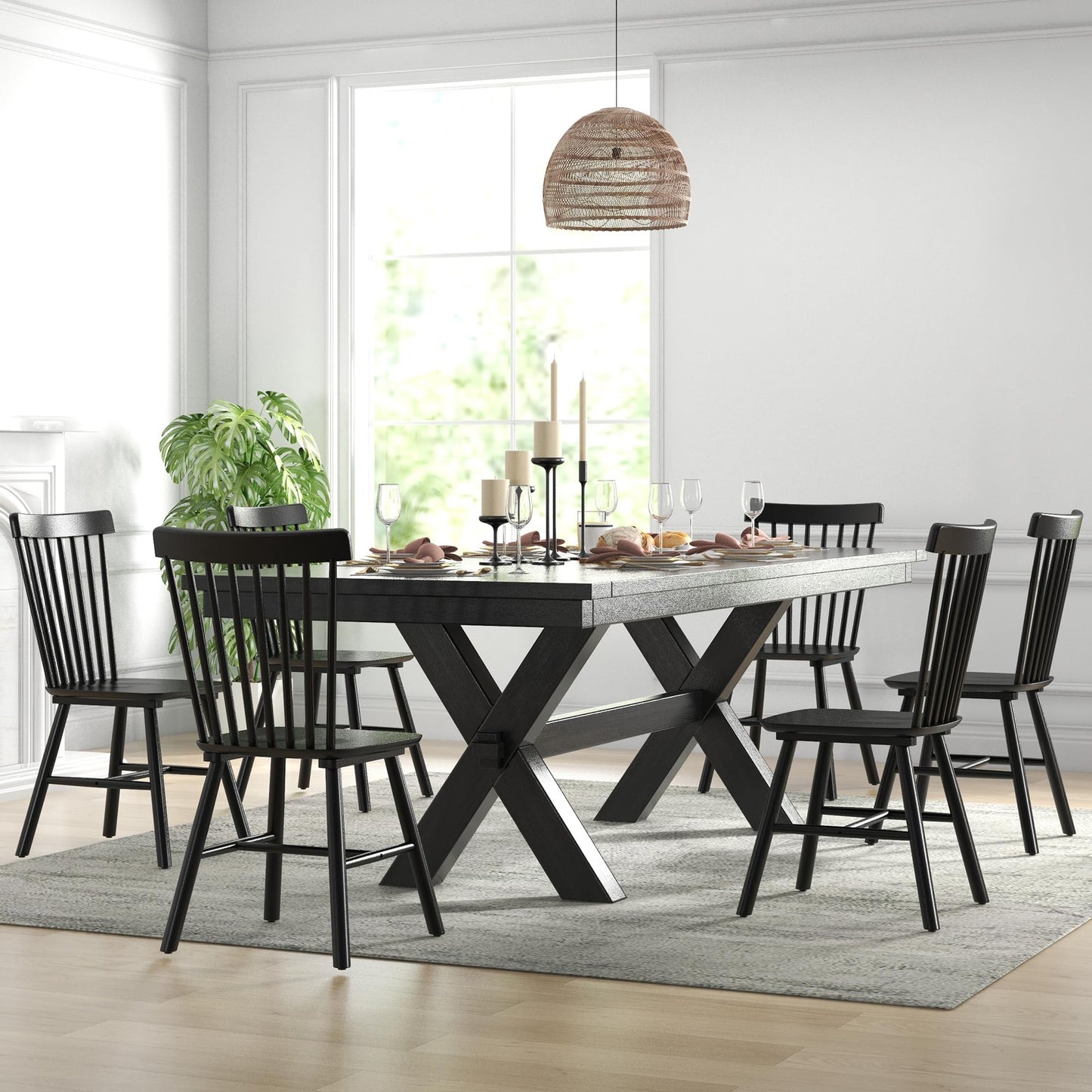 DM Furniture Dining Room Chairs Set of 6 Windsor Dining Chair with Spindle Back,Farmhouse Armless Side Chair,Solid Wood French Country Kitchen Chairs for Home/Patio/Restaurant, Black - WoodArtSupply