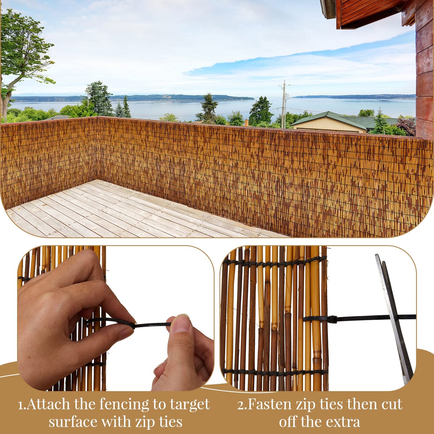 2 Pcs Natural Reed Bamboo Fencing Roll, Bamboo Privacy Screen 3.3 Feet High x 13.3 Feet Long and 200 Pcs Nylon Black Cable Ties Cord for Garden Balcony Window Indoor Outdoor(Dark Brown)